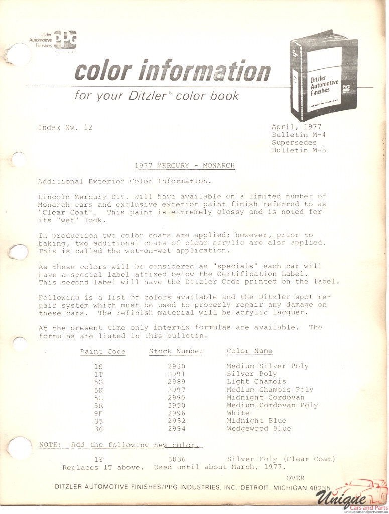 1977 Mercury Paint Charts Ford Paint Charts Capri PPG 3